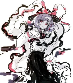 1girl black_hat black_skirt bow capelet commentary_request frilled_shawl frills hat hat_bow highres long_skirt long_sleeves looking_at_viewer medium_hair mozukuzu_(manukedori) nagae_iku nail_polish purple_hair red_bow red_eyes red_nails ribbon scarf shawl shirt skirt smile solo touhou white_scarf white_shirt