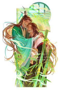 2boys artist_name baku_ten221 bamboo bamboo_leaf bindi black_hanfu brown_hair carrying carrying_person chinese_clothes closed_eyes coat colored_smoke couple facial_mark folding_fan forehead_mark green_hanfu green_ribbon hand_fan hanfu highres holding holding_fan hug lattice light_particles long_hair long_sleeves luo_binghe male_focus multiple_boys open_mouth renzha_fanpai_zijiu_xitong ribbon ribboned_xiao_guan robe round_window shen_qingqiu simple_background sleeves_past_wrists smile smoke topknot twitter_username upper_body very_long_hair watermark white_background white_coat wide_sleeves window xiao_guan_(headdress) yaoi zuiyin