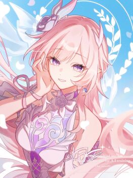 1girl cyrene_(honkai:_star_rail) cyrene_(ripples_of_past_reverie)_(honkai:_star_rail) diamond-shaped_pupils diamond_(shape) dress flower hana_(nemukunai87) highres honkai:_star_rail honkai_(series) long_hair pink_hair pointy_ears purple_eyes purple_flower purple_rose rose smile solo symbol-shaped_pupils very_long_hair white_dress