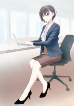 1girl absurdres alternate_costume amagami black_eyes black_hair black_shoes blazer blue_jacket brown_skirt chair closed_mouth collared_shirt commentary computer full_body hair_behind_ear high_heels highres id_card indoors jacket laptop long_sleeves long_table looking_at_viewer nanasaki_ai no_socks office office_chair office_lady oshizu pencil_skirt shirt shoes short_hair sitting skirt solo swivel_chair table typing white_shirt window