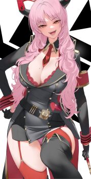 1girl :d between_breasts black_gloves blue_archive breasts brown_eyes cleavage ev_(dai00888) fangs gloves gun hand_on_own_hip handgun highres horns large_breasts long_hair looking_at_viewer mauser_c96 mole mole_on_breast necktie open_mouth panties pink_hair pink_panties red_necktie red_thighhighs satsuki_(blue_archive) smile solo thighhighs underwear weapon