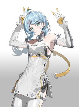 Rule 34 | 1girl, bare shoulders, blue eyes, blue hair, breasts, clothing cutout, commentary request, cowboy shot, flower hairpin, formal clothes, gloves, gradient background, hair ornament, hairpin, long hair, looking to the side, low-tied long hair, mole, mole on shoulder, prtsss, see-through dress layer, seed (zenless zone zero), side cutout, smile, solo, strap, suit, thigh cutout, v, white gloves, white suit, zenless zone zero