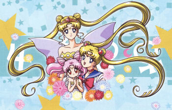 3girls absurdres arm_around_shoulder back_bow bare_shoulders bishoujo_senshi_sailor_moon blonde_hair blue_background blue_eyes blue_sailor_collar bow chibi_usa child choker cone_hair_bun crescent crescent_facial_mark double_bun dress dual_persona earrings facial_mark flower forehead_mark gloves hair_bun hair_ornament highres jewelry long_hair magical_girl marco_albiero multiple_girls neo_queen_serenity non-web_source official_art open_mouth own_hands_clasped own_hands_together pink_hair red_bow red_choker red_eyes sailor_collar sailor_moon sailor_senshi_uniform self-scan small_lady_serenity smile star_(symbol) strapless strapless_dress tiara tsukino_usagi twintails very_long_hair white_dress white_gloves