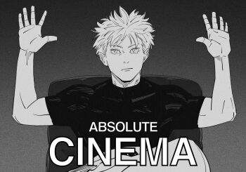 Rule 34 | 1boy, :/, absolute cinema (meme), arms up, black shirt, chair, closed mouth, commentary, english commentary, english text, gojou satoru, greyscale, highres, jovzkyanimation, jujutsu kaisen, male focus, meme, monochrome, muscular, muscular male, on chair, shirt, short hair, solo, tight clothes, tight shirt, upper body