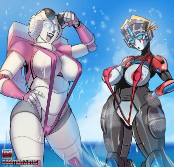 2022 2girls arcee areola_slip artist_name autobot bikini blue_eyes breasts cameltoe coombrain15 covered_erect_nipples dripping eyewear_on_head female_focus glasses glasses_on_head highres humanoid_robot looking_at_viewer multiple_girls ocean open_mouth pink_bikini red_bikini robot robot_girl slingshot_swimsuit smile steaming_body sunglasses sunglasses_on_head sweat swimsuit thick_thighs thighs transformers water wet windblade zestysauce