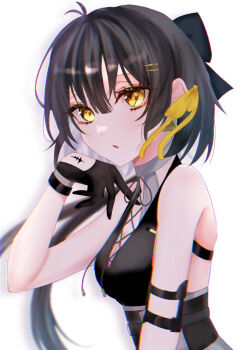 Rule 34 | 1girl, black hair, commentary, cross-laced clothes, cross-laced dress, cross-laced top, earrings, female rover (wuthering waves), gloves, hair between eyes, hair extensions, hair ornament, hairclip, highres, jewelry, long hair, parallel hairclips, ribbon, rover (wuthering waves), tacet mark (wuthering waves), triangle earrings, wuthering waves, yellow eyes, yellow ribbon, yui 87322949