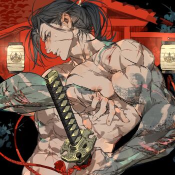 1boy abs arm_tattoo arm_up ashina_genichirou bara black_hair blood brown_eyes collarbone commentary_request genichiro_cute holding holding_sword holding_weapon injury katana lantern male_focus muscular muscular_male nipple_piercing nipples nude paper_lantern parted_lips pectorals piercing ponytail profile sekiro:_shadows_die_twice solo sword tattoo teeth weapon