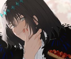 Rule 34 | 1boy, :q, black hair, blue eyes, cloak, crown, diamond hairband, eating, fate/grand order, fate (series), food, fur-trimmed cloak, fur trim, head tilt, highres, holding, holding food, looking at viewer, male focus, medium hair, oberon (fate), oberon (third ascension) (fate), official alternate hair color, pie, portrait, romo827, shirt, smile, solo, tongue, tongue out, white shirt, wiping mouth