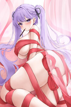 1girl absurdres benedia blush bound braid breasts cleavage commentary curtains food food_in_mouth from_side hair_ribbon highres indoors large_breasts long_hair looking_at_viewer lying naked_ribbon nude on_side original pink_background pocky pocky_in_mouth purple_eyes purple_hair red_ribbon ribbon see-through_curtains solo symbol-only_commentary thighs twintails underboob very_long_hair
