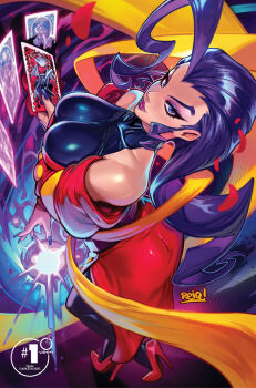 Rule 34 | artist name, blue eyes, bodystocking, capcom, capcom fighting jam, card, chun-li, colored skin, comic cover, corruption, dark persona, darkstalkers, dress, energy ball, eyeshadow, hagoromo, high heels, highres, jedah dohma, lipstick, makeup, midnight bliss, official alternate color, official art, possessed, possession, pumps, purple background, purple eyeshadow, purple hair, purple nails, rainbow mika, red dress, red footwear, red skin, reiq, rose (street fighter), ryu (street fighter), scarf, shadow (darkstalkers), shawl, shoes, stiletto heels, street fighter, street fighter iv (series), street fighter v, street fighter zero (series), tarot, tarot card, udon entertainment, watermark, white hair, yellow buttons, yellow scarf