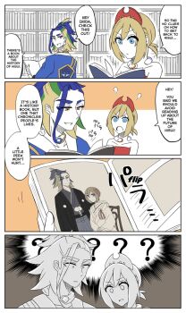 1boy 1girl 4koma adaman_(pokemon) ainu_clothes bandaged_arm bandages black_shirt blonde_hair blue_coat blue_hair bracelet brown_eyes coat collarbone comic confused eyebrow_cut hairband hakama height_difference historical_event imo_neko irida_(pokemon) japanese_clothes jewelry kimono library marriage_proposal medium_hair multicolored_hair neck_ring nintendo open_clothes open_coat pokemon pokemon_legends:_arceus pokemon_masters_ex red_hairband red_shirt shirt strapless time_paradox translated