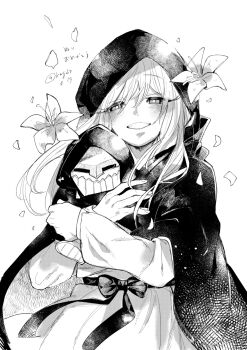 Rule 34 | 1girl, blush, character doll, cloak, doll, dress, ender lilies quietus of the knights, flower, greyscale, highres, holding, holding stuffed toy, hood, hooded cloak, kofuku (reitouko), lily (ender lilies), lily (flower), long hair, looking at viewer, monochrome, smile, stuffed animal, stuffed toy, umbral knight (ender lilies)