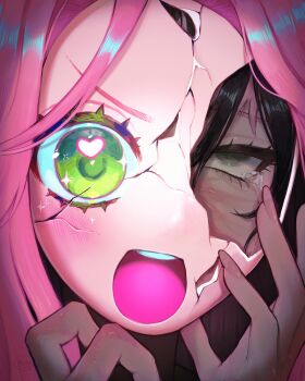 Rule 34 | 1girl, absurdres, alien stage, black hair, cracked kawaii mask, cracked mask, green eyes, heart, heart in eye, hexyraart, highres, mizi (alien stage), open mouth, pink hair, solo, symbol in eye