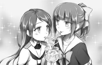 2girls bow crazy_straw drink drinking drinking_straw greyscale hair_bow heart_straw kantai_collection long_hair momijiast monochrome multiple_girls ponytail samidare_(kancolle) school_uniform serafuku shared_drink shared_straw shirt sleeveless sleeveless_shirt swept_bangs very_long_hair yuri yuubari_(kancolle)