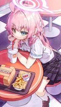 1girl absurdres ahoge black_skirt blue_archive blue_eyes blush brown_shoes burger capry checkered_floor collared_shirt cup disposable_cup drink drinking drinking_straw drinking_straw_in_mouth food french_fries halo head_rest heterochromia highres hoshino_(blue_archive) loafers long_hair looking_at_viewer pink_hair pink_halo plaid_clothes plaid_skirt pleated_skirt school_uniform shirt shoes short_sleeves sitting skirt socks solo table tray white_shirt white_socks yellow_eyes