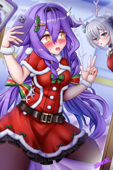 2girls artist_name bed belt blush bow breasts bronya_zaychik bronya_zaychik_(haxxor_bunny) christmas dress fake_antlers female_pov green_bow grey_eyes grey_hair hair_bow hair_ornament highres holding holding_phone honkai_(series) honkai_impact_3rd long_hair looking_at_viewer multiple_girls open_mouth phone pov purple_hair purple_thighhighs red_dress reflection santa_costume selfie sirin sitting small_breasts surprised thighhighs very_long_hair w wariza yellow_eyes zero130rider