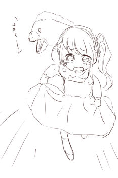 1girl artist_request breasts flat_chest highres komodo_dragon lizard loli monochrome reptile running sketch small_breasts tagme