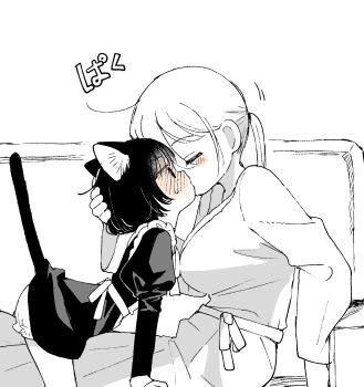 2girls age_difference animal_ear_fluff animal_ears apron black_dress black_hair blush breasts cat_ears cat_girl cat_tail commentary_request dress flat_chest food half-closed_eyes height_difference highres huge_breasts kiss long_skirt maid maid_apron multiple_girls onee-loli original pocky ponytail short_hair skirt tail takeno_(takenoo2) yuri