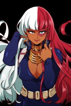 Rule 34 | 1girl, belt, black background, blue bodysuit, blue eyes, blue nails, blunt bangs, bodysuit, boku no hero academia, breasts, brown eyes, burn scar, cleavage, commission, cosplay, crunchyroll, dark-skinned female, dark skin, earrings, eyelashes, fingernails, gold earrings, gold necklace, hand in own hair, hands up, heterochromia, highres, hoop earrings, jewelry, large breasts, looking at viewer, low neckline, megan thee stallion, multicolored hair, multiple necklaces, nail polish, neck ring, necklace, orange nails, photo-referenced, real life, rebecca ryan, red hair, scar, scar across eye, scar on face, second-party source, smile, solo, split-color hair, todoroki shoto, todoroki shoto (cosplay), two-tone hair, upper body, very dark skin, white hair