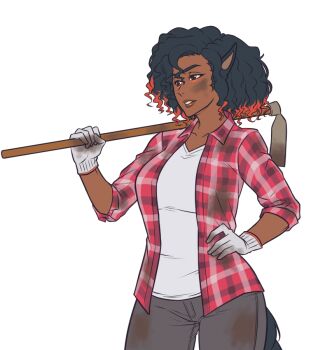 Rule 34 | 1girl, animal ears, black eyes, black hair, breasts, brown pants, colored tips, commentary, dark-skinned female, dark skin, english commentary, gen 7 pokemon, gloves, holding hoe, horse ears, horse girl, horse tail, kirby otaku, large breasts, looking at viewer, mudsdale, multicolored hair, nintendo, pants, personification, plaid clothes, plaid shirt, pokemon, red hair, red shirt, shirt, simple background, solo, tail, transparent background, upper body, v-neck, white gloves, white shirt