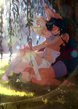 2girls :d animal_ear_fluff animal_ears artist_name bare_shoulders black_hair black_shirt blonde_hair clothes_lift colored_skin commentary couple day english_commentary fox_ears fox_girl fox_tail furry furry_female furry_with_furry grass hair_bun highres long_hair multiple_girls nature open_mouth original outdoors pita-potato shiny_skin shirt shirt_lift shorts single_hair_bun smile summer tail tree white_shorts white_skin ych_commission yuri