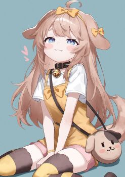 1girl absurdres animal_ears blue_eyes butter_(trickcal) collar delfino dog_ears dog_girl dog_tail fang fang_out highres long_hair sitting solo striped_clothes striped_thighhighs tail thighhighs trickcal