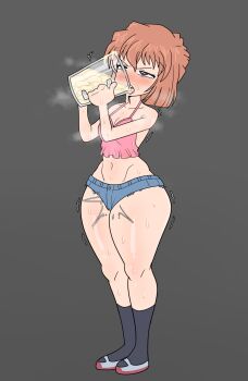 1girl annoyed athamaluta bare_hips bare_shoulders black_socks blue_eyes blue_shorts blush breasts brown_hair camisole collarbone cum cum_in_container cum_in_mouth cum_on_tongue denim denim_shorts embarrassed female_focus full_body gokkun grey_background grey_shoes haibara_ai half-closed_eyes highres holding holding_jar implied_hetero jar kyojiri_loli loli looking_afar medium_hair midriff mirai_shounen_conan open_mouth pink_camisole shoes shorts simple_background small_breasts socks solo standing teeth tongue upper_teeth_only variant_set wide_hips