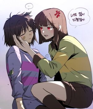 ... 2others anger_vein bandaid bandaid_on_face black_shirt black_shorts blue_sweater blunt_ends bob_cut brown_hair chara_(undertale) closed_eyes commentary_request double_horizontal_stripe frisk_(undertale) green_sweater hand_on_another&#039;s_face highres imsong korean_commentary korean_text multiple_others other_focus red_eyes shirt short_hair shorts single_horizontal_stripe spoken_ellipsis striped_clothes striped_sweater sweater translation_request undertale utdr_(toby_fox)