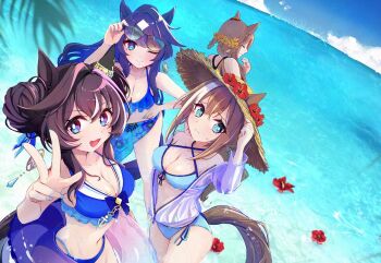 4girls :d ;) alternate_costume alternate_hairstyle animal_ears bare_shoulders beach bikini blue_bikini blue_eyes blue_hair blue_sarong blue_sky braid braided_hair_rings breasts brown_hair brown_hat cheval_grand_(umamusume) cleavage closed_eyes commentary_request ear_covers ears_through_headwear flower gentildonna_(umamusume) hair_between_eyes hair_bun hair_flower hair_ornament hair_rings hat hibiscus horse_ears horse_girl horse_tail long_hair looking_at_viewer mole mole_under_eye multicolored_hair multiple_girls one_eye_closed open_mouth ponytail sarong short_hair single_ear_cover sky smile straw_hat streaked_hair sun_hat sunglasses swimsuit tail taniko_shanokoya umamusume v v_sisters verxina_(umamusume) vivlos_(umamusume) white_hair