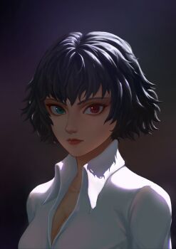 1girl absurdres black_background black_hair collared_shirt commentary devil_may_cry devil_may_cry_(series) devil_may_cry_3 english_commentary green_eyes heterochromia highres lady_(devil_may_cry) looking_at_viewer portrait red_eyes shirt tian_huan_th white_shirt