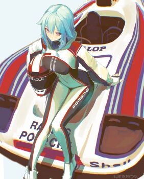 1girl absurdres arm_support blue_hair bodysuit car helmet highres holding holding_unworn_helmet long_hair looking_at_viewer motor_vehicle oracle_(company) original porsche racing_suit sitting skytofu solo unworn_headwear unworn_helmet