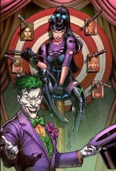 1boy 1girl ? alex_kotkin batman batman_(series) black_hair curtains dartboard dc_comics evil_smile formal_clothes gloves green_eyes green_hair hair_ornament hat holding holding_knife knife multicolored_hair photo_(object) poison_ivy punchline_(dc) purple_suit smile suit the_joker the_riddler throwing_knife top_hat torn_clothes two-face two-tone_hair weapon