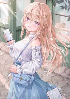 Rule 34 | 1girl, 1other, :d, absurdres, alternate costume, bag, bare shoulders, blonde hair, blue bag, blue skirt, blush, braid, breasts, casual, cellphone, collared shirt, commentary request, cowboy shot, day, floating hair, from behind, hand up, handbag, heaven burns red, highres, holding, holding phone, long hair, long skirt, long sleeves, looking at viewer, medium breasts, open mouth, outdoors, phone, pink eyes, pov, pov hands, shirakawa yuina, shirt, shoulder bag, side braid, sidelocks, skirt, smartphone, smile, solo focus, tsumugi-t, very long hair, watermark, white shirt