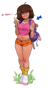 0lightsource 1girl aged_up anal_beads arrow_(symbol) backpack backpack_(dora_the_explorer) bag blush bob_cut brown_hair collarbone condom condom_packet_strip condom_wrapper dora_marquez dora_the_explorer female_pubic_hair full_body highres legs_together looking_at_viewer midriff orange_shorts panty_straps pink_shirt pubic_hair pubic_hair_peek purple_bag sex_toy shirt shoes short_hair short_shorts shorts simple_background socks solo spanish_text standing thighs underwear w yellow_socks