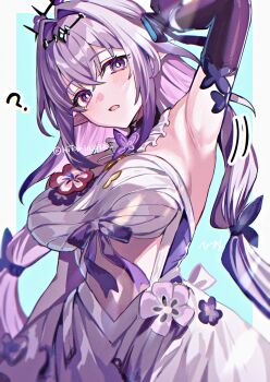 1girl ? absurdres arm_up armpits bare_shoulders blush breasts castorice_(honkai:_star_rail) colored_inner_hair detached_collar dress flower gloves grey_hair highres hitomin_(ksws7544) honkai:_star_rail honkai_(series) large_breasts looking_at_viewer medium_hair multicolored_hair open_mouth pointy_ears purple_eyes purple_gloves purple_hair solo tiara white_dress