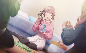 Rule 34 | 4girls, :d, ^ ^, aran sweater, asymmetrical sidelocks, bag, bed, blonde hair, blue pillow, blue sweater, blurry, blurry foreground, bokeh, breasts, brown background, brown hair, cable knit, cellphone, charm (object), closed eyes, colorful palette, depth of field, dice, dot nose, facing viewer, frilled sleeves, frills, full body, game cg, gradient hair, green sweater, hair ornament, hair over shoulder, hair scrunchie, hand up, hatsune miku, head out of frame, high-waist skirt, highres, hinomori shiho, holding, holding charm, holding phone, inori no saki negau ashita wa (project sekai), leo/need miku, light blush, long sleeves, medium breasts, medium hair, mochizuki honami, multicolored hair, multiple girls, no shoes, official art, open mouth, pantyhose, phone, pillow, pink hair, pink sweater, ponytail, project sekai, scrunchie, shirt, side ponytail, sidelocks, sitting, skirt, smartphone, smile, sweater, tenma saki, third-party source, vocaloid, white shirt, yokozuwari