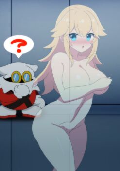 1girl ? absurdres ahoge armpits artist_request bare_arms blonde_hair blue_eyes blush breasts collarbone completely_nude covering_breasts covering_crotch covering_privates embarrassed exhibitionism eyelashes female_focus groin height_difference highres invisible legs long_hair looking_to_the_side mario_(series) medium_breasts navel neck nervous nintendo nipples nude open_mouth paper_mario paper_mario:_the_thousand-year_door parted_bangs princess_peach public_indecency public_nudity spoken_question_mark standing thighs walking x-naut