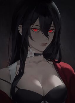 1girl absurdres bad_id bad_twitter_id black_bow black_choker black_hair bow breasts cardigan character_request choker cleavage closed_mouth collarbone copyright_request double-parted_bangs ear_piercing flower flower_choker grey_background hair_between_eyes highres large_breasts lips long_bangs long_hair long_sidelocks looking_at_viewer piercing red_cardigan red_eyes sidelocks single_bare_shoulder single_sidelock solo strap_slip upper_body uqi32 white_flower