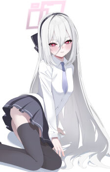 Rule 34 | 1girl, absurdres, black hairband, black thighhighs, blue archive, blue necktie, blush, commentary request, grey skirt, hair between eyes, hairband, halo, highres, kei (blue archive), kei (new body) (blue archive), long hair, long hair between eyes, necktie, pink eyes, pink halo, shirt, skirt, solo, thighhighs, thighs, white hair, white shirt, zuki (user mzpz5848)