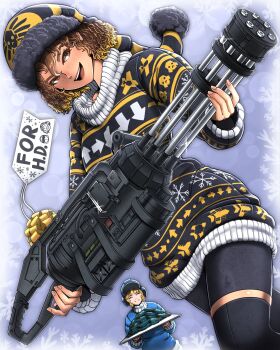 2girls black_shorts blonde_hair brown_hair christmas_sweater closed_eyes eagle_1_(helldivers) gatling_gun gun hat helldivers_(series) helmet highres holding holding_gun holding_tray holding_weapon merry_christmas minigun money multicolored_hair multiple_girls open_mouth orange_eyes ribbon santa_hat seaf_soldier_(helldivers) shorts smile snowflake_print snowflakes sparkle spiritdraws sweater tag tray weapon