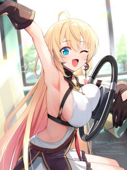 1girl ahoge arm_up armpits artist_name backless_dress backless_outfit bare_shoulders blonde_hair blue_eyes breast_press breasts brown_gloves car_interior chest_harness commentary_request diamond-shaped_pupils diamond_(shape) dress earrings emerane from_side gloves gradient_hair harness highres jewelry large_breasts long_hair looking_at_viewer multicolored_hair noya_(stella_sora) one_eye_closed open_mouth orange_hair shirt sideboob sideless_shirt signature single_earring sitting sleeveless sleeveless_shirt smile solo steering_wheel stella_sora symbol-shaped_pupils tree vehicle_interior very_long_hair white_dress white_shirt
