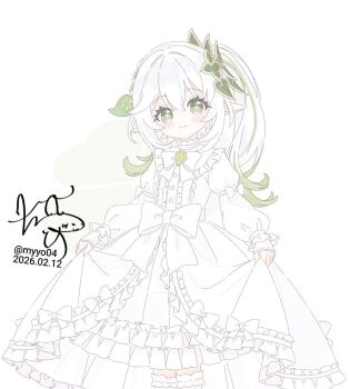 Rule 34 | 1girl, adapted costume, blush, bow, bowtie, chame (myyo04), closed mouth, commentary request, cross-shaped pupils, dated, dress, gem, genshin impact, gradient hair, green eyes, green gem, green hair, hair between eyes, hair ornament, leaf hair ornament, long hair, long sleeves, looking at viewer, multicolored hair, nahida (genshin impact), pointy ears, side ponytail, signature, skirt hold, smile, solo, symbol-shaped pupils, twitter username, white background, white bow, white bowtie, white dress, white hair