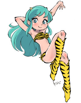 1girl aqua_eyes aqua_hair arm_behind_head arm_up bikini boots breasts collarbone cone_horns full_body hashtag-only_commentary horns kiichi knee_boots long_hair looking_at_viewer lum pointy_ears print_bikini print_boots sidelocks signature simple_background smile solo swimsuit urusei_yatsura white_background