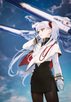 1girl black_pantyhose black_skirt blue_sky blurry blurry_background capelet cloud cowboy_shot day film_grain floating_hair fuyuno_yuuki gloves grey_hair hair_between_eyes hair_ornament hand_on_own_head high-waist_skirt highres hoshino_ruri hoshino_ruri_(captain) kidou_senkan_nadesico kidou_senkan_nadesico_-_prince_of_darkness long_hair long_sleeves looking_afar looking_ahead military_uniform outdoors pantyhose parted_lips pencil_skirt red_capelet science_fiction skirt sky solo spacecraft standing two-sided_capelet two-tone_capelet very_long_hair white_capelet white_gloves yellow_eyes