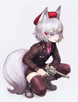 Rule 34 | 1girl, alternate costume, animal ear fluff, animal ears, belt, beret, black thighhighs, boots, cosplay, fox ears, fox girl, fox tail, gun, hair between eyes, hair ornament, hat, holding, holding gun, holding weapon, kneeling, metal gear (series), metal gear solid 3: snake eater, military, military uniform, phase connect, purple eyes, revolver ocelot, revolver ocelot (cosplay), simple background, skirt, solo, spetsnaz, sussynano, tail, tenma maemi, thighhighs, virtual youtuber, weapon, white background, white hair