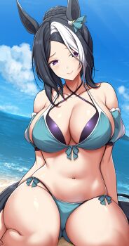 1girl animal_ears aqua_bikini bikini breasts highres horse_ears horse_girl horse_tail large_breasts layered_bikini mejiro_ramonu_(umamusume) multicolored_hair navel sheita smile solo striped_hair swimsuit tail umamusume