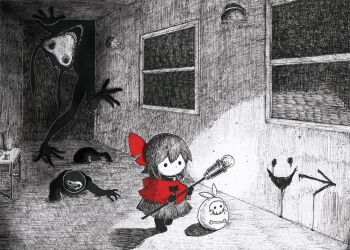 1girl arrow_(symbol) bow capelet chibi commentary crosshatching dot_nose dress greyscale hair_bow hallway hatching_(texture) highres holding holding_staff horror_(theme) indoors light_bulb monochrome monster original red_bow red_capelet shadow solid_circle_eyes spot_color staff symbol-only_commentary table window yatara