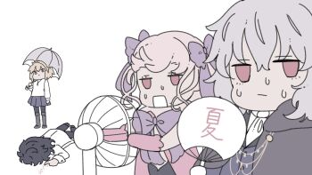 Rule 34 | 2boys, 2girls, ahoge, arcueid brunestud, ascot, black hair, black leotard, black pants, blonde hair, blood, blood writing, blue coat, blue skirt, boots, bow, brown boots, chibi, coat, collared shirt, commentary request, dead apostle noel (tsukihime), dress, dying message, electric fan, face down, fur coat, grey hair, hair between eyes, hair bow, hair intakes, hand fan, hashikko69, highres, holding, holding fan, holding umbrella, jewelry, leotard, looking at viewer, medium hair, michael roa valdamjong, miniskirt, mole, mole under mouth, multiple boys, multiple girls, necklace, noel (tsukihime), on floor, open mouth, pants, pantyhose, pink dress, pink hair, red eyes, shirt, short hair, skirt, sweat, sweater, tsukihime, tsukihime (remake), turtleneck, turtleneck sweater, umbrella, vampire, vlov arkhangel, wavy hair, white shirt, white sweater