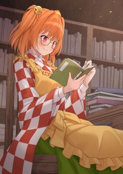 1girl absurdres apron bell blush book bookshelf character_name checkered_clothes checkered_kimono closed_mouth commentary_request commission eyelashes feet_out_of_frame forbidden_scrollery frilled_apron frills glasses green_hakama hair_bell hair_between_eyes hair_intakes hair_ornament hakama happy highres holding holding_book indoors japanese_clothes jingle_bell kimono long_sleeves medium_hair motoori_kosuzu open_book orange_hair ramie_(ramie541) reading red_eyes round_eyewear sitting skeb_commission smile solo split_mouth straight_hair touhou two_side_up wide_sleeves yellow-framed_eyewear yellow_apron