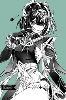 1girl absurdres bracelet breasts claw_ring cowboy_shot dress ear_covers elbow_gloves facial_mark fake_claws genshin_impact gloves green_background headband headgear highres jewelry looking_at_viewer medium_breasts mole mole_under_eye monochrome nefer_(genshin_impact) short_dress short_hair smile solo watermark yuu_(isis7796)
